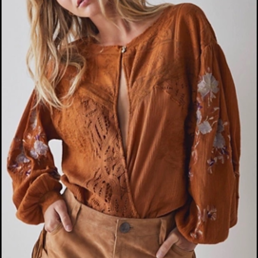 Free People Gold Embroidered Making Harmony Bodysuit